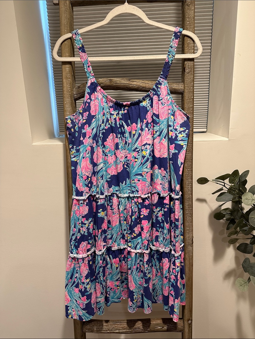 Lilly Pulitzer Navy Floral Tiered Sundress with Pink and Aqua Flowers